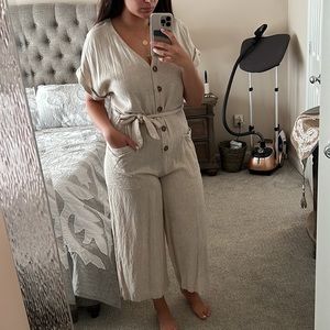H&M Beige Linen Belted Wide-Leg Ankle Jumpsuit - Size M